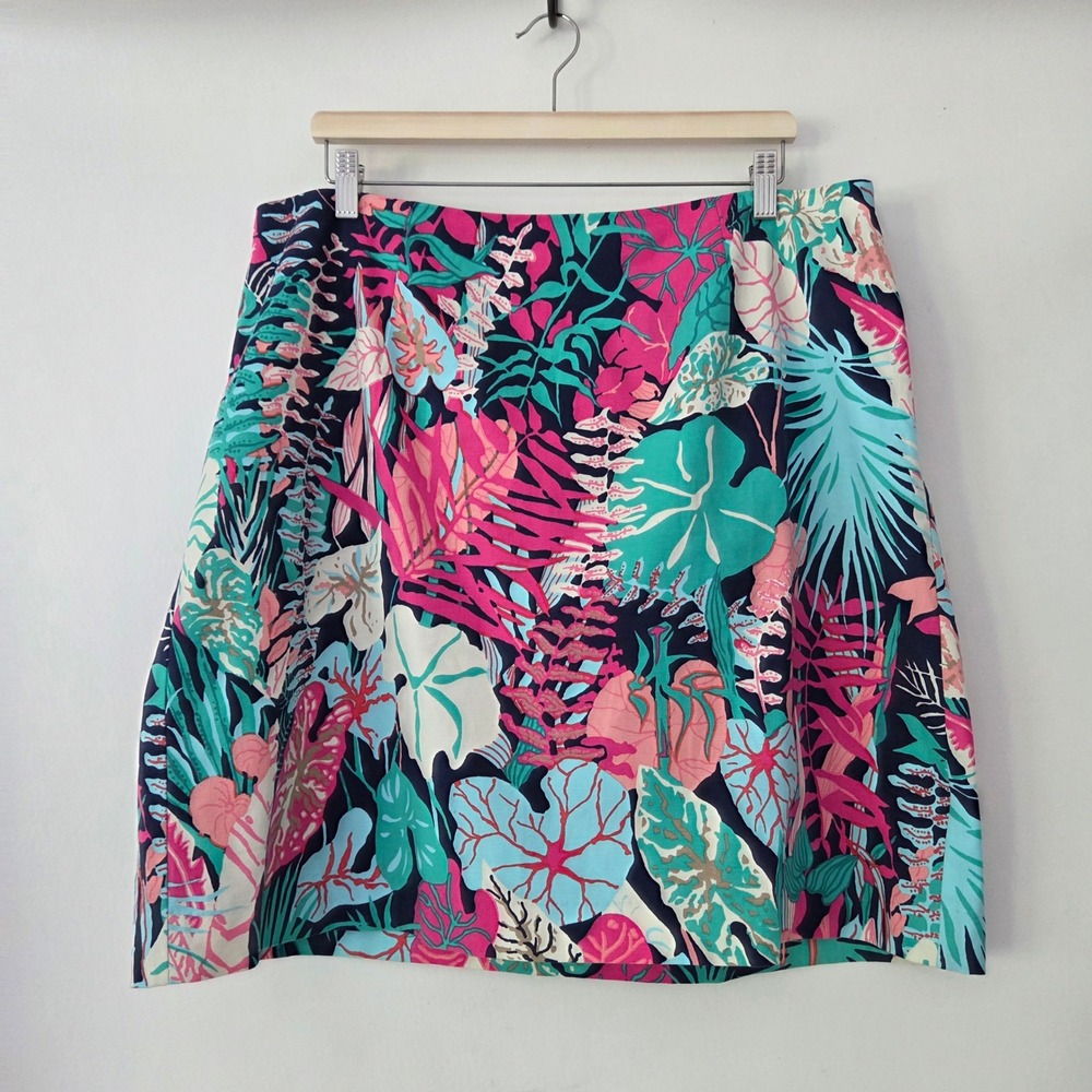 Talbots Skirt Navy Pink Tropical Leaf Print Cotton Stretch Women 16W